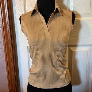 Agnes B. Ribbed Beige Collared Top
